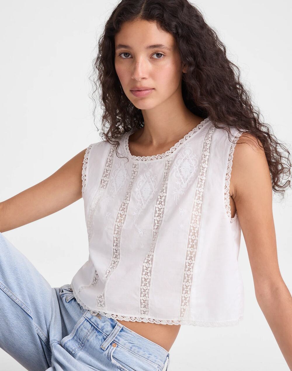 Madewell Embroidered Lace Insert Top NWT Women's XL White $88 Boho Romantic